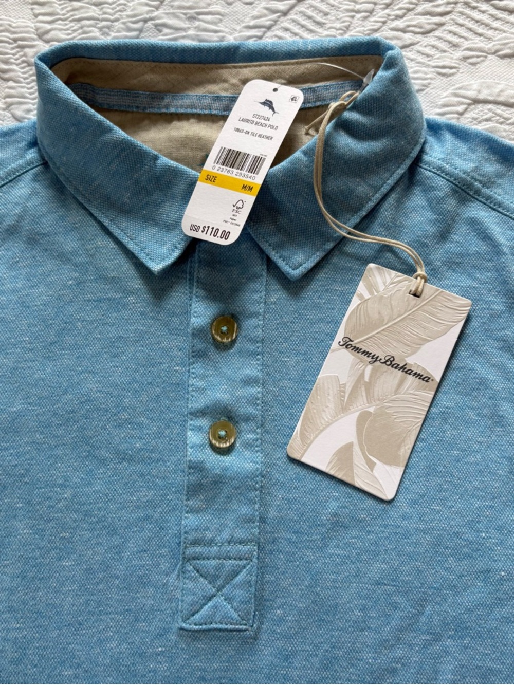 NWT Tommy Bahama Laurito Beach Polo cotton linen tile blue Heather men’s M